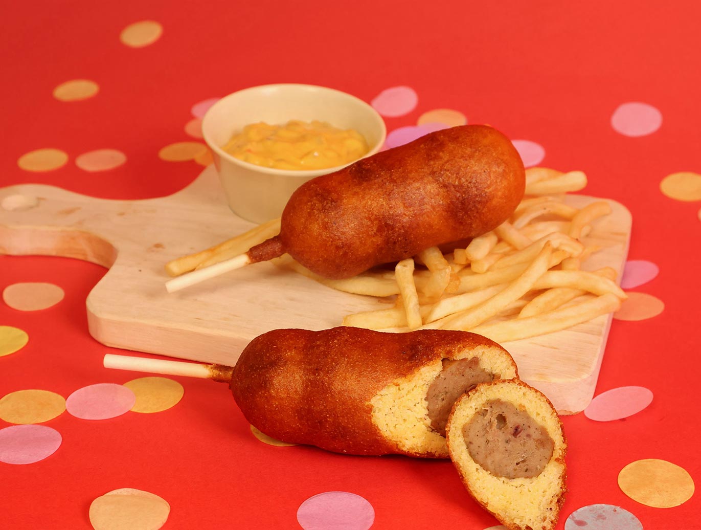 Strictly Stickly Knotts Berry Farm Battered Meat Ball on a stick with Cheeseburger Dip